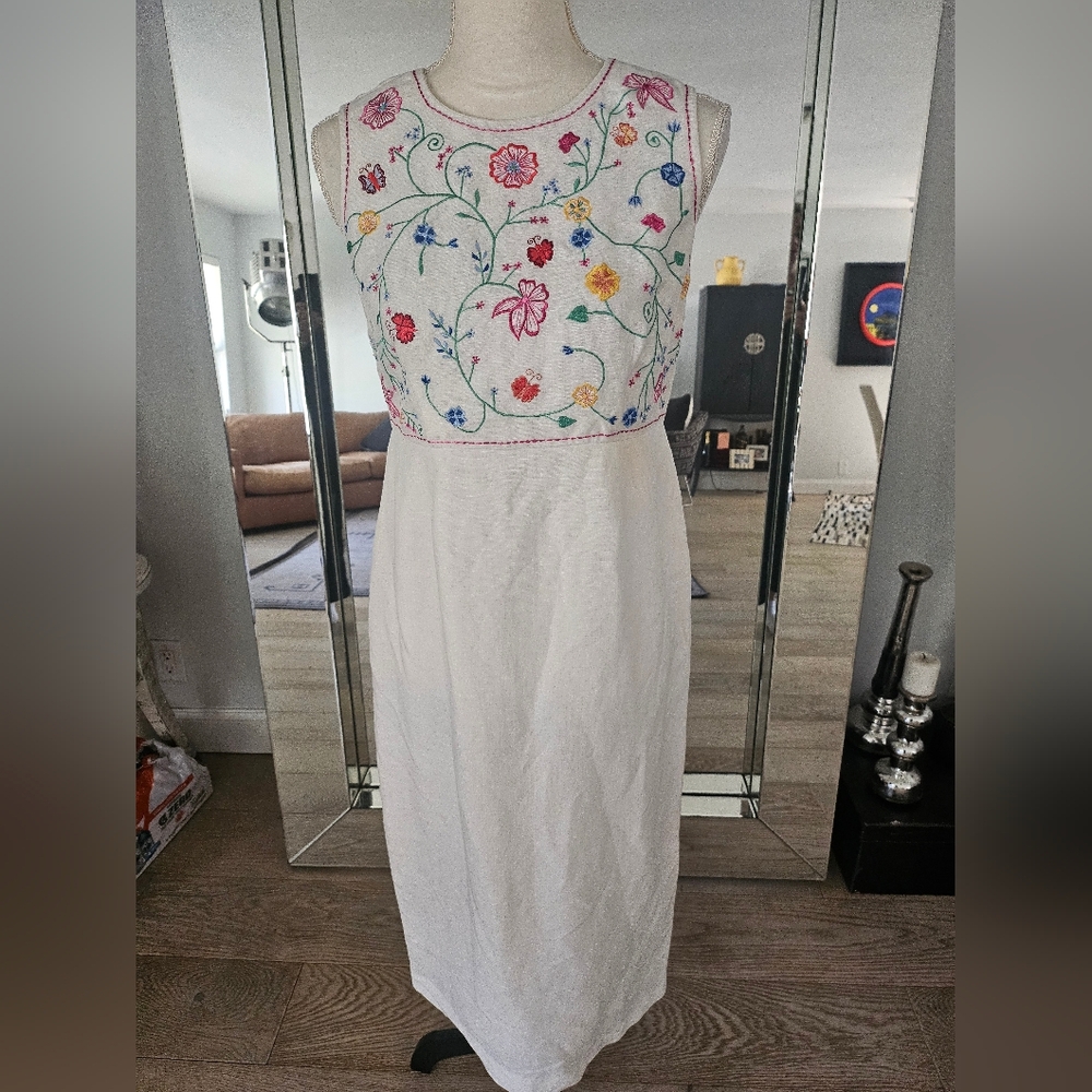 Sarah Elizabeth Embroidered Floral Dress Womens Size 4P White Sleeveless